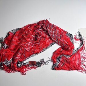 Missoni Scarf Red Black White Zigzag Knit Viscose Fringe Made in Italy Luxury